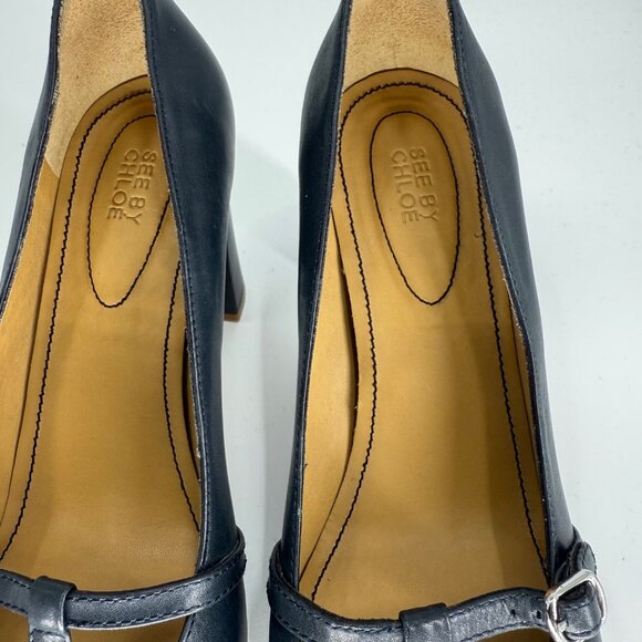 See By Chloé Womens 37.5 Blue Leather Mary Jane Heels - Picture 3 of 14